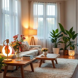 A beautifully styled interior scene featuring a cozy living room with warm lighting