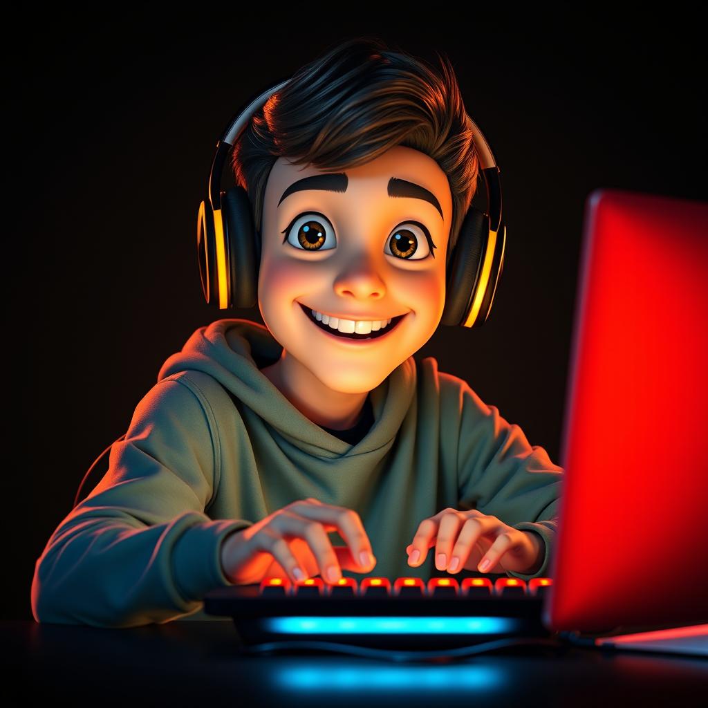 A Pixar-style portrait of a gamer without headphones, facing forward while using a brightly illuminated keyboard