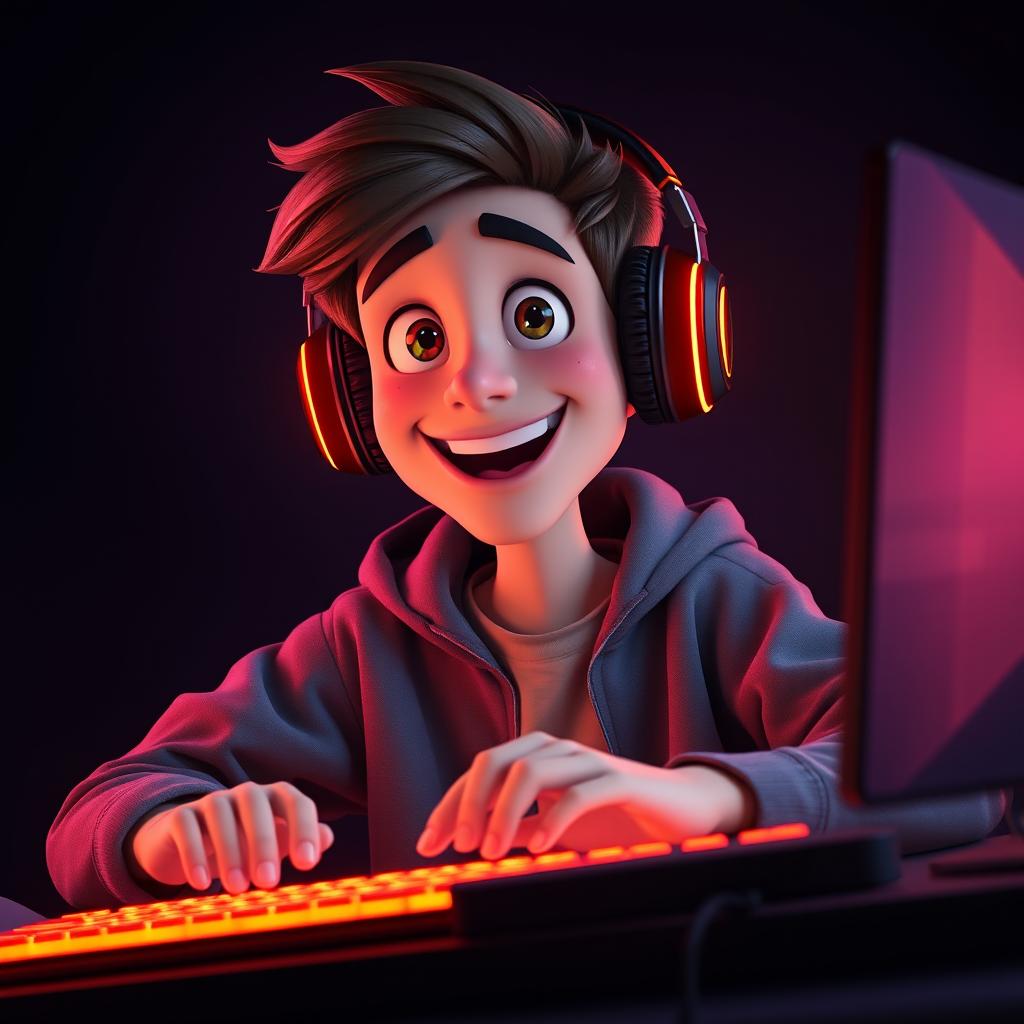 A Pixar-style portrait of a gamer without headphones, facing forward while using a brightly illuminated keyboard