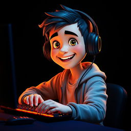 A Pixar-style portrait of a gamer without headphones, facing forward while using a brightly illuminated keyboard