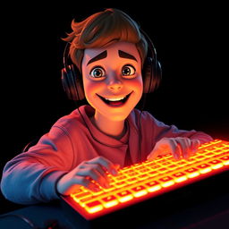 A Pixar-style portrait of a gamer without headphones, facing forward while using a brightly illuminated keyboard