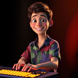 A Pixar-style portrait of a young person wearing a stylish shirt, facing forward while using a brightly illuminated keyboard