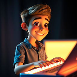 A Pixar-style portrait of a young person wearing a stylish shirt, facing forward while using a brightly illuminated keyboard