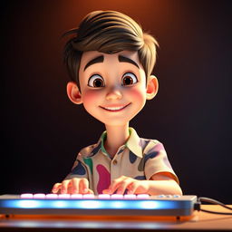 A Pixar-style portrait of a young person wearing a stylish shirt, facing forward while using a brightly illuminated keyboard