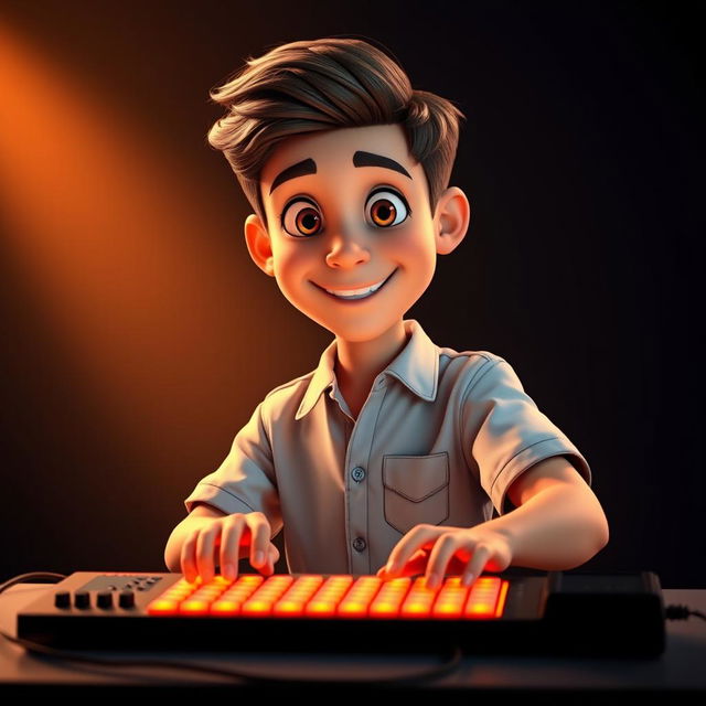 A Pixar-style portrait of a young person wearing a stylish shirt, facing forward while using a brightly illuminated keyboard