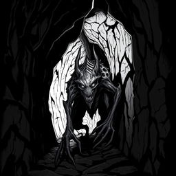 A non-Euclidean dark creature lurking in the shadows of a shadowy passageway, captured in a striking black and white D&D style illustration