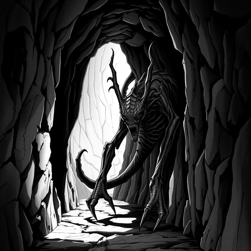 A non-Euclidean dark creature lurking in the shadows of a shadowy passageway, captured in a striking black and white D&D style illustration