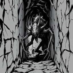 A non-Euclidean dark creature lurking in the shadows of a shadowy passageway, captured in a striking black and white D&D style illustration