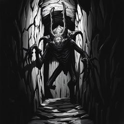 A non-Euclidean dark creature lurking in the shadows of a shadowy passageway, captured in a striking black and white D&D style illustration