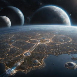 Imagine a world in the year 10,000, showcasing a technologically advanced civilization spread across multiple galaxies, interstellar journeys, and humans cohabitating with super-evolved AI