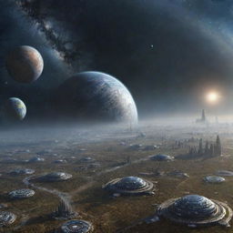 Imagine a world in the year 10,000, showcasing a technologically advanced civilization spread across multiple galaxies, interstellar journeys, and humans cohabitating with super-evolved AI