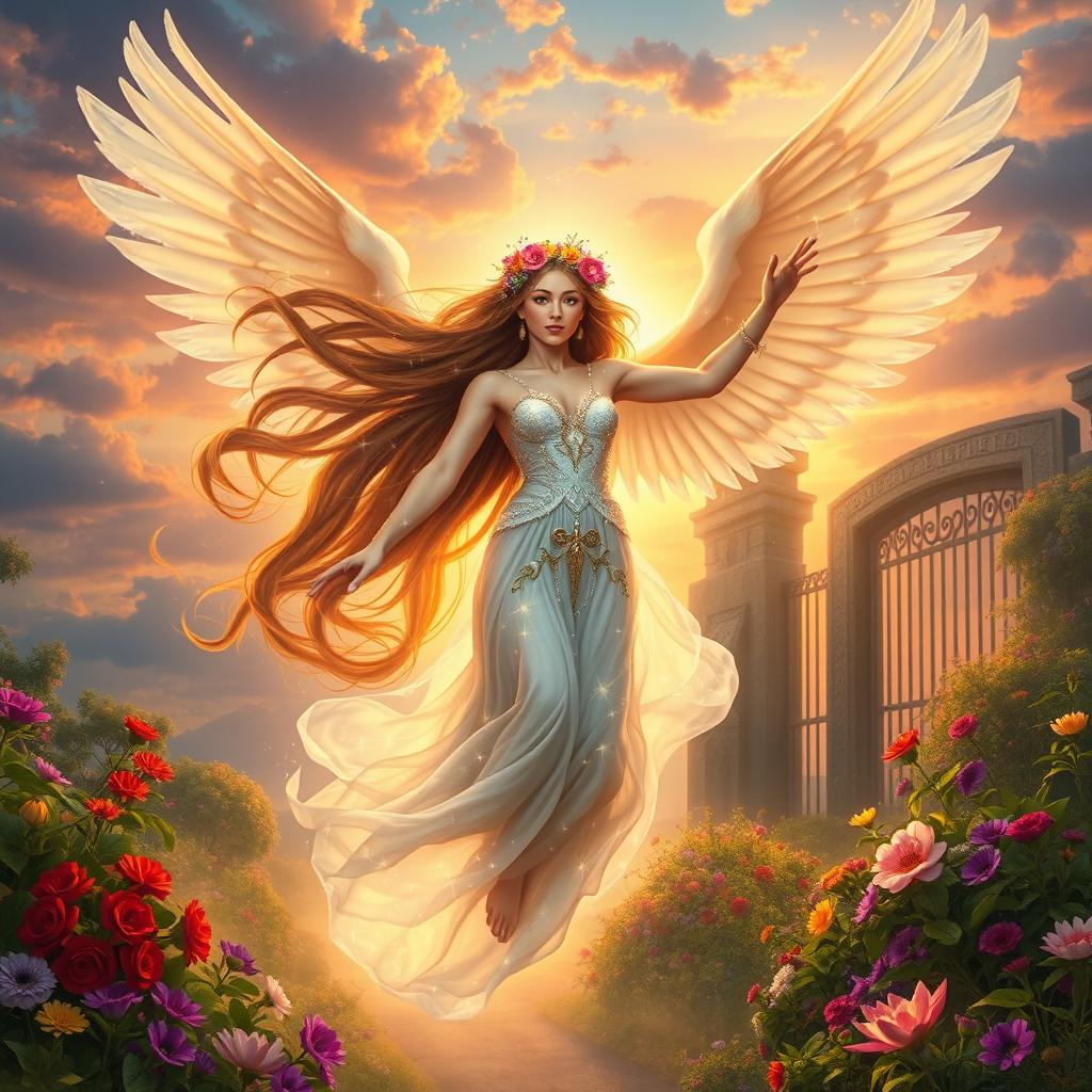 A majestic depiction of Goddess Lilith gracefully flying out of the Garden of Eden