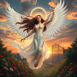 A majestic depiction of Goddess Lilith gracefully flying out of the Garden of Eden