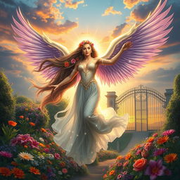 A majestic depiction of Goddess Lilith gracefully flying out of the Garden of Eden