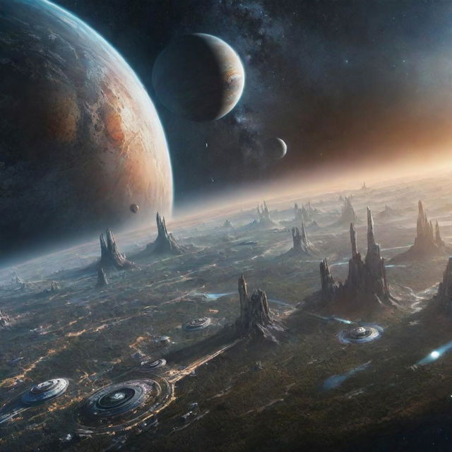 Imagine a world in the year 10,000, showcasing a technologically advanced civilization spread across multiple galaxies, interstellar journeys, and humans cohabitating with super-evolved AI