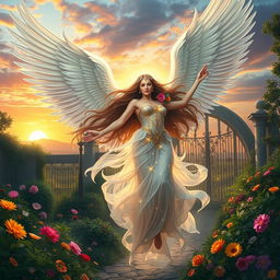 A majestic depiction of Goddess Lilith gracefully flying out of the Garden of Eden