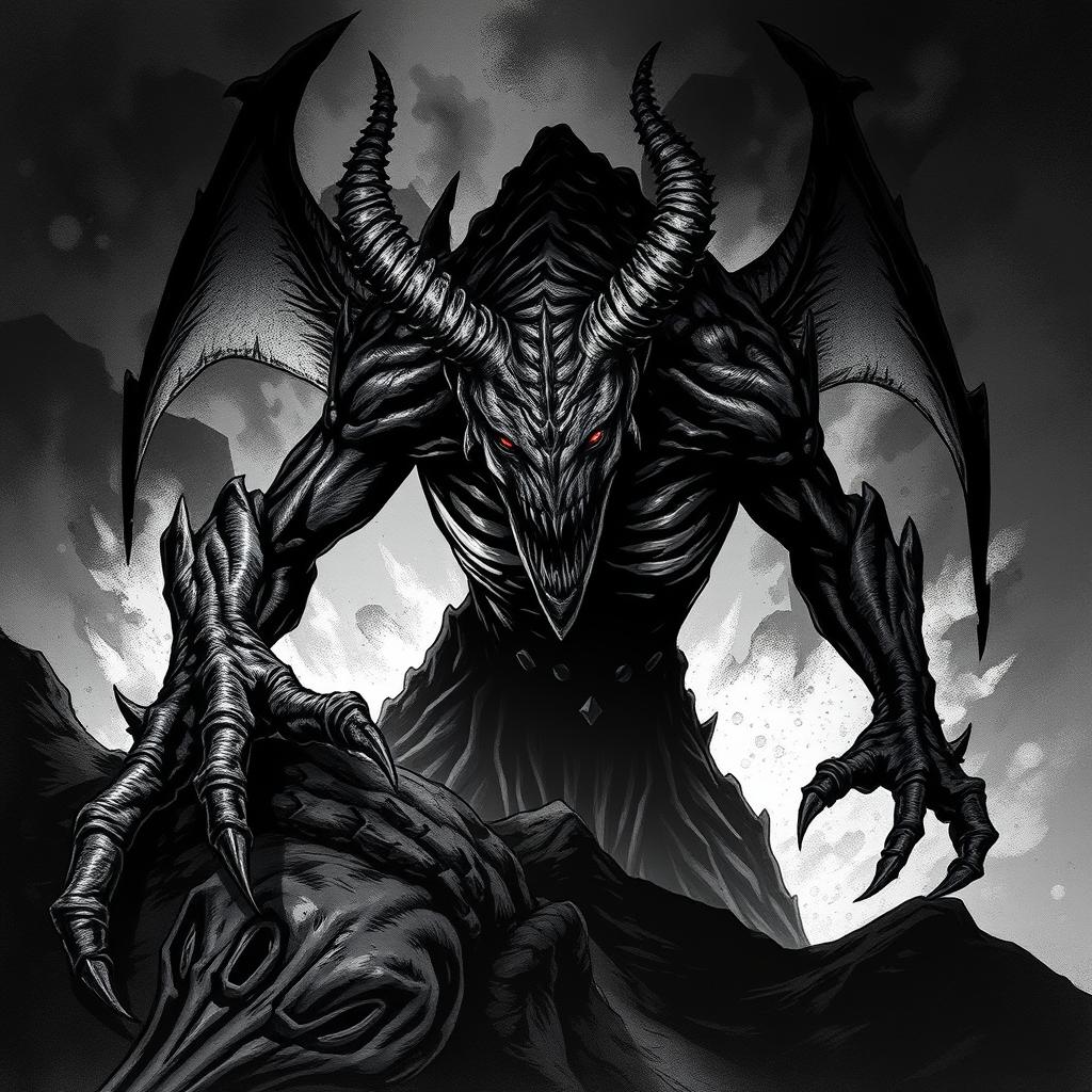 A shadowy demonic entity with piercing red eyes lurking in the darkness, depicted in a detailed black and white illustration inspired by Dungeons and Dragons art style