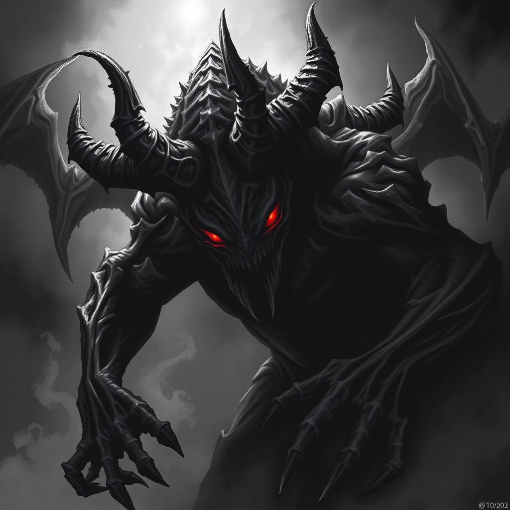 A shadowy demonic entity with piercing red eyes lurking in the darkness, depicted in a detailed black and white illustration inspired by Dungeons and Dragons art style