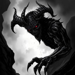 A shadowy demonic entity with piercing red eyes lurking in the darkness, depicted in a detailed black and white illustration inspired by Dungeons and Dragons art style