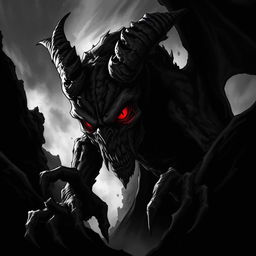 A shadowy demonic entity with piercing red eyes lurking in the darkness, depicted in a detailed black and white illustration inspired by Dungeons and Dragons art style