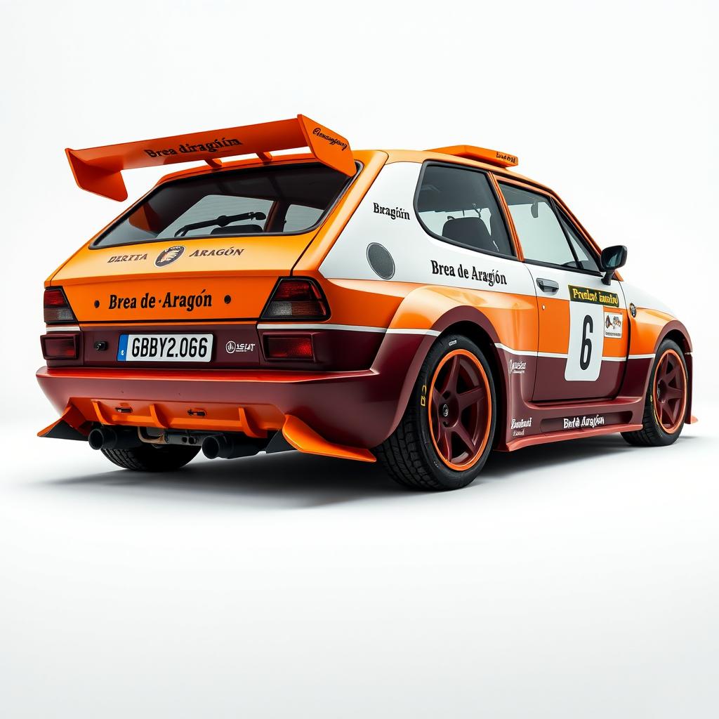 A custom-designed Seat 1430 Rally car featuring a wider rear end and personalized details reading "Brea de Aragón"