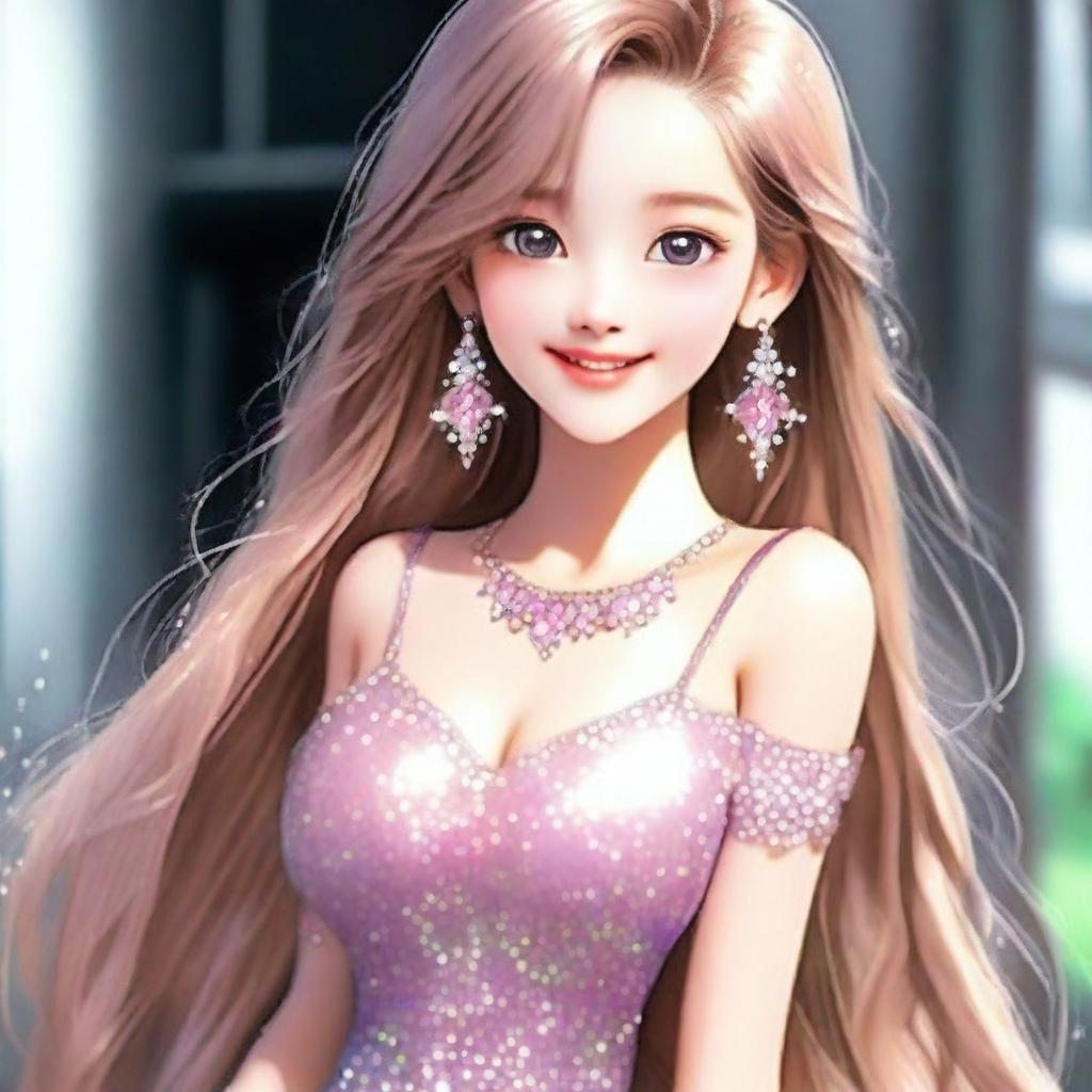 A youthful, feminine figure with long, shimmering hair, sparkling eyes, and a gentle smile. She's wearing a fashionable outfit matching her personality.