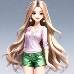 A youthful, feminine figure with long, shimmering hair, sparkling eyes, and a gentle smile. She's wearing a fashionable outfit matching her personality.