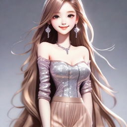 A youthful, feminine figure with long, shimmering hair, sparkling eyes, and a gentle smile. She's wearing a fashionable outfit matching her personality.