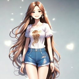 A youthful, feminine figure with long, shimmering hair, sparkling eyes, and a gentle smile. She's wearing a fashionable outfit matching her personality.