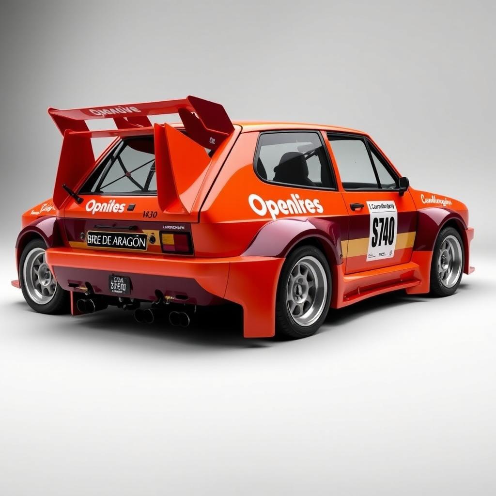 A custom-designed Seat 1430 Rally car with a wider rear end and personalized details featuring the name "Brea de Aragón"