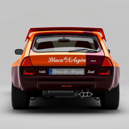 A custom-designed Seat 1430 Rally car with a wider rear end and personalized details featuring the name "Brea de Aragón"