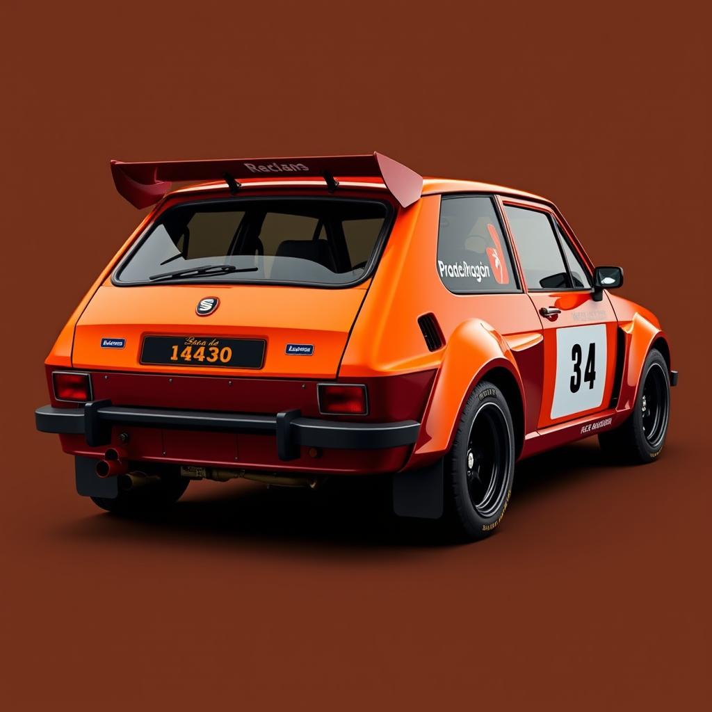 A custom-designed Seat 1430 Rally car with a wider rear end and personalized details featuring the name "Brea de Aragón"