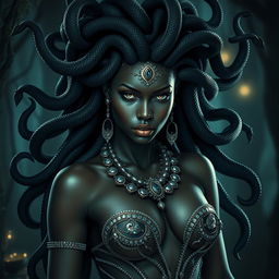 A sultry black Medusa, featuring long, flowing snake hair, each serpent glistening and elegantly poised