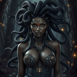 A sultry black Medusa, featuring long, flowing snake hair, each serpent glistening and elegantly poised