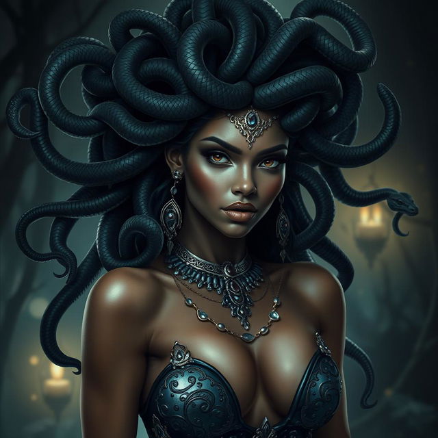 A sultry black Medusa, featuring long, flowing snake hair, each serpent glistening and elegantly poised