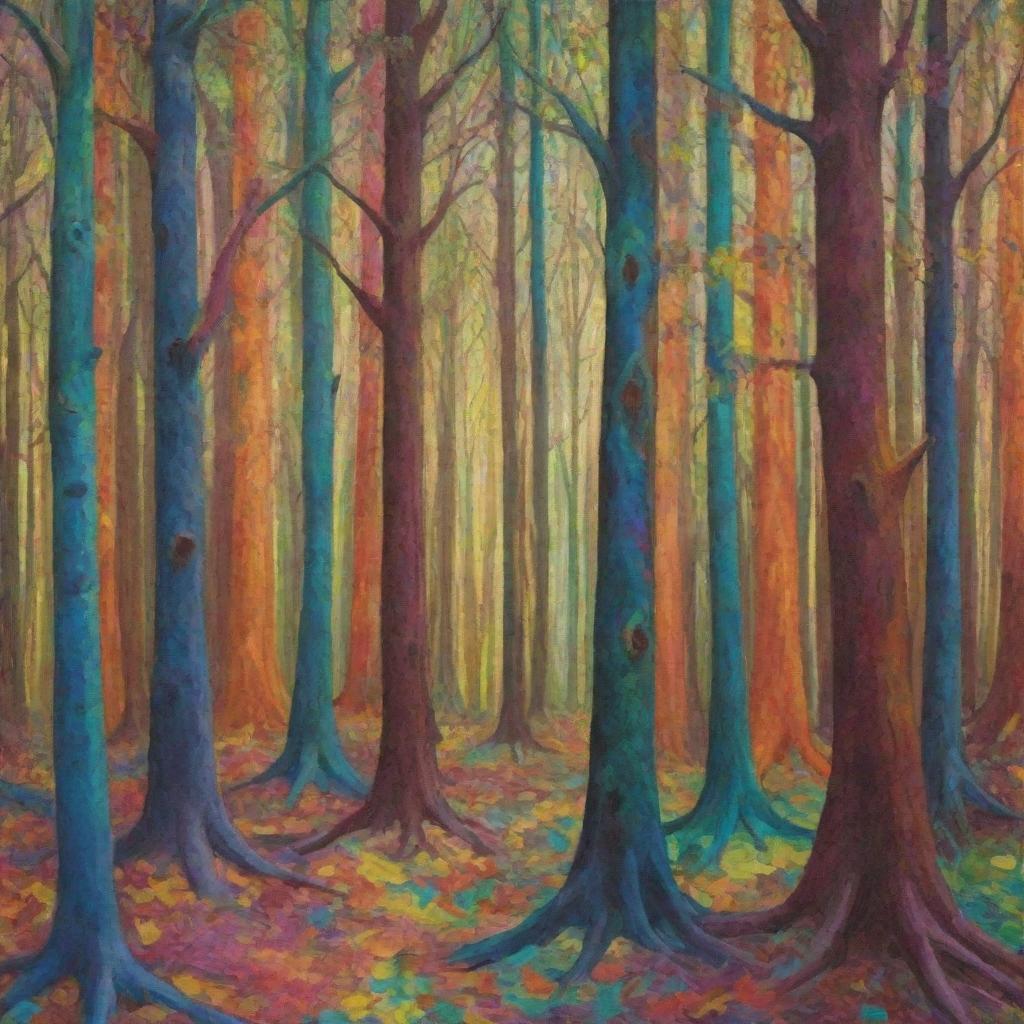 Depict an abstract forest using a kaleidoscope of colors and exaggerated, fantastical shapes.