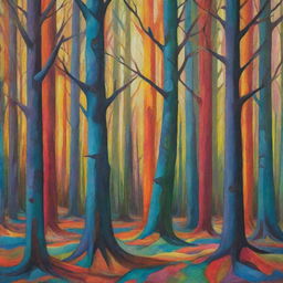 Depict an abstract forest using a kaleidoscope of colors and exaggerated, fantastical shapes.