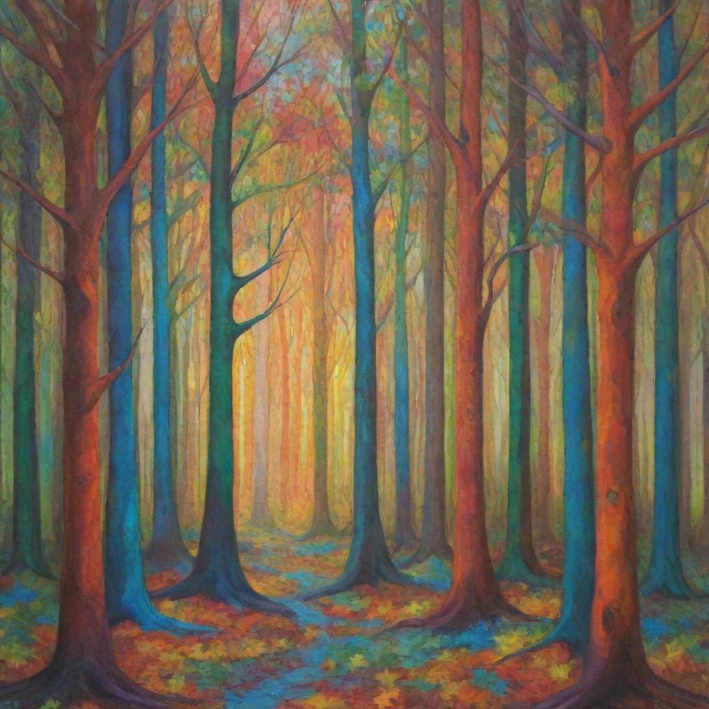 Depict an abstract forest using a kaleidoscope of colors and exaggerated, fantastical shapes.