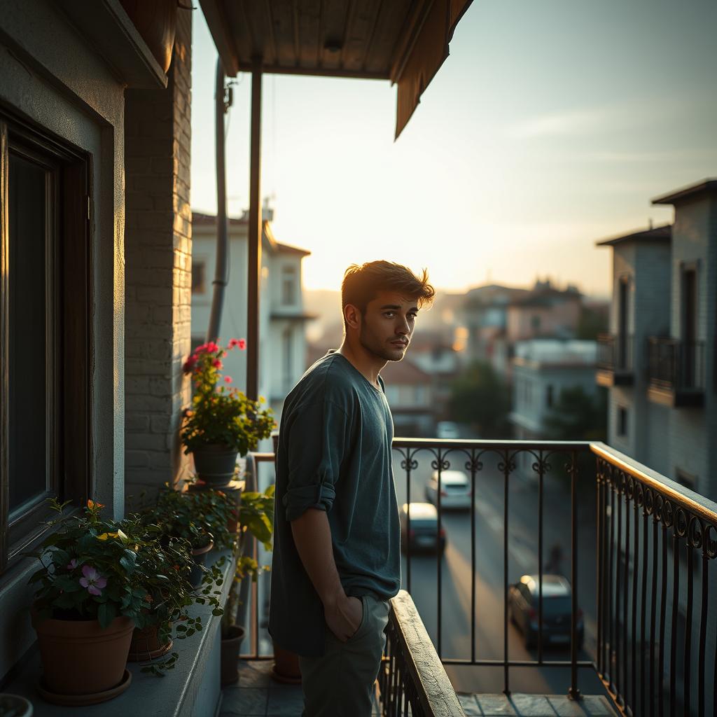 A poignant scene of a very sad young Turkish man standing alone on a balcony, overlooking a quiet street in Istanbul