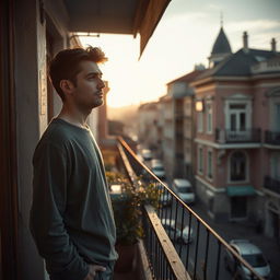 A poignant scene of a very sad young Turkish man standing alone on a balcony, overlooking a quiet street in Istanbul