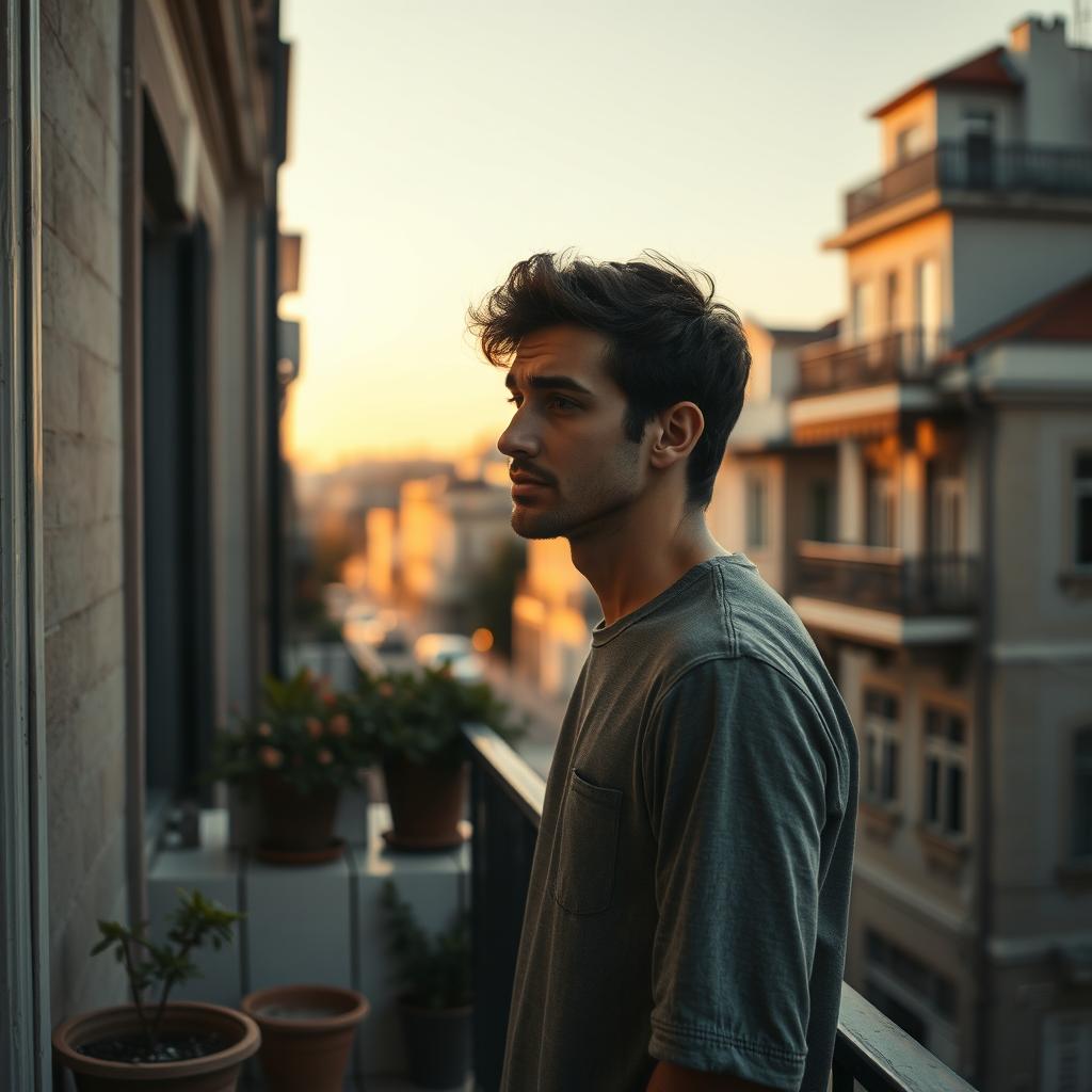 A poignant scene of a very sad young Turkish man standing alone on a balcony, overlooking a quiet street in Istanbul