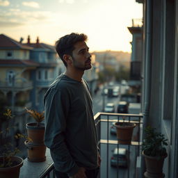 A poignant scene of a very sad young Turkish man standing alone on a balcony, overlooking a quiet street in Istanbul