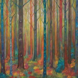 Depict an abstract forest using a kaleidoscope of colors and exaggerated, fantastical shapes.