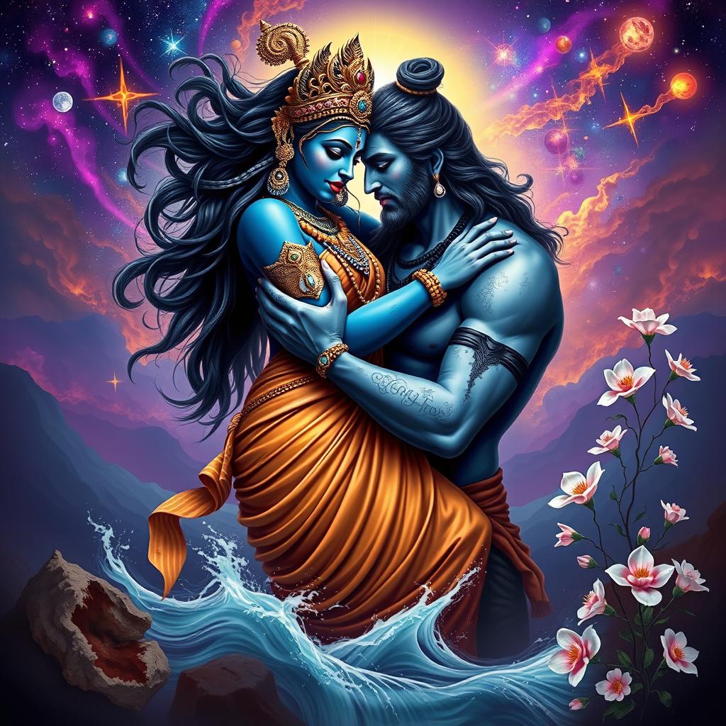 A powerful and divine scene depicting Goddess Kali and Lord Shiva in a passionate embrace, symbolizing love and unity