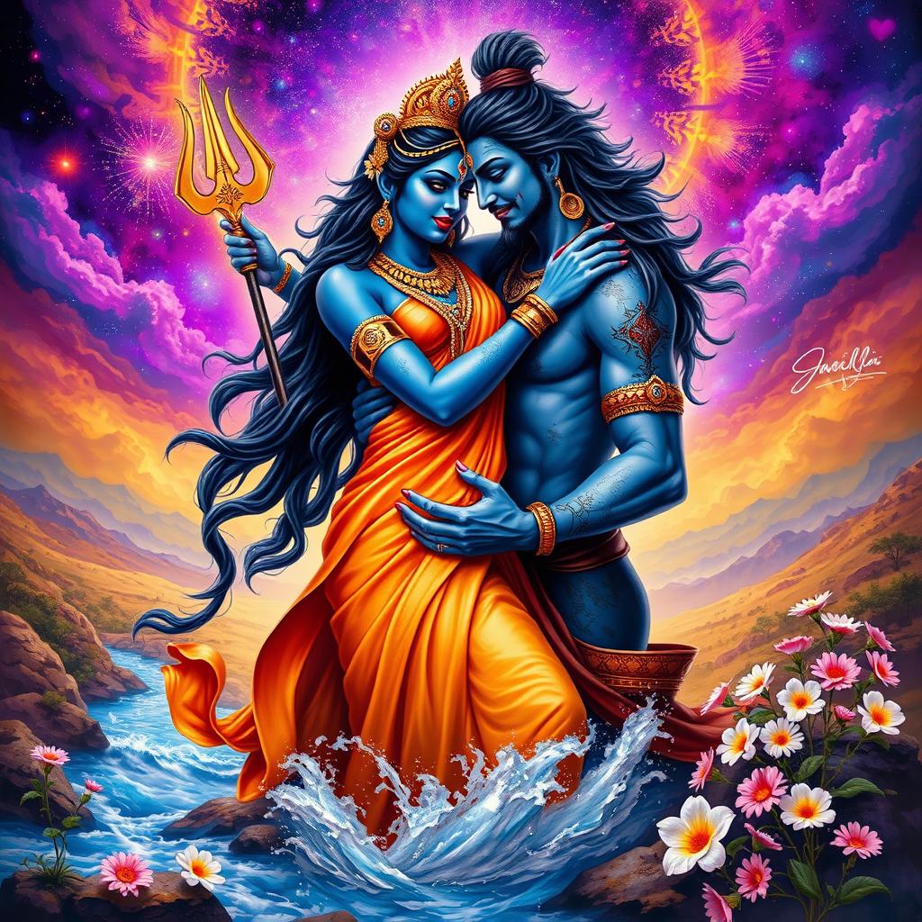 A powerful and divine scene depicting Goddess Kali and Lord Shiva in a passionate embrace, symbolizing love and unity