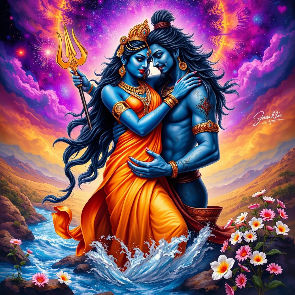 A powerful and divine scene depicting Goddess Kali and Lord Shiva in a passionate embrace, symbolizing love and unity