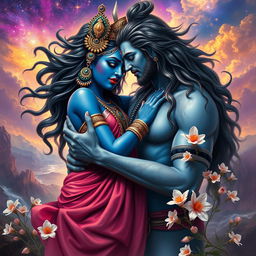 A powerful and divine scene depicting Goddess Kali and Lord Shiva in a passionate embrace, symbolizing love and unity