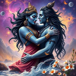 A powerful and divine scene depicting Goddess Kali and Lord Shiva in a passionate embrace, symbolizing love and unity