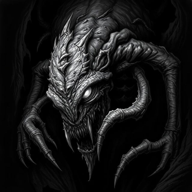 A rotting non-Euclidean dark creature with a grotesque, warped form, lurking in deep shadows