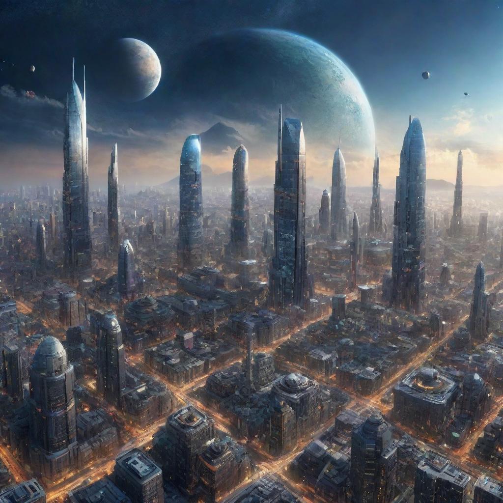 Picture a cityscape set in the year 30,000, demonstrating a technologically superior civilization inhabiting multiple galaxies, infinite space journeys, and humans harmoniously living with extraordinarily proficient AI